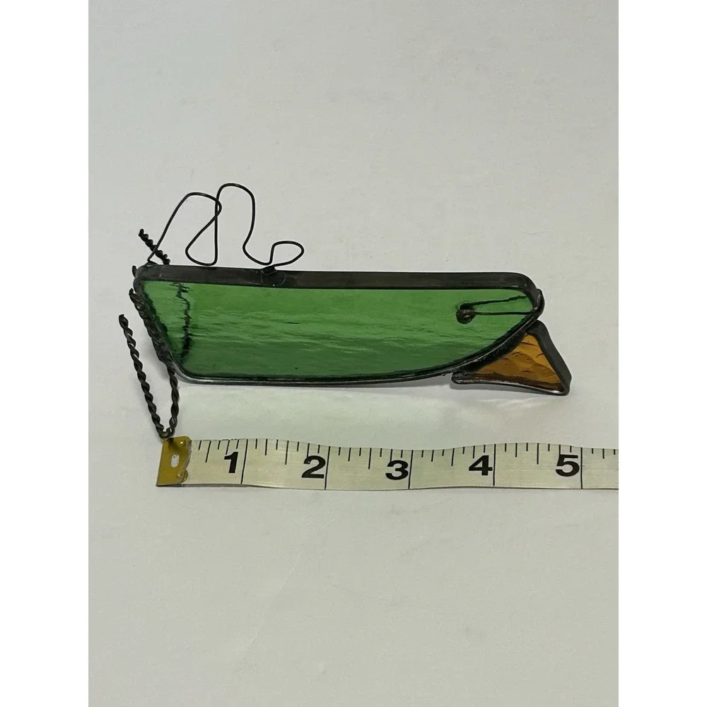 Vintage Stained Glass Bird Sun Catcher Green W/ Orange Beak Shelf Sitter